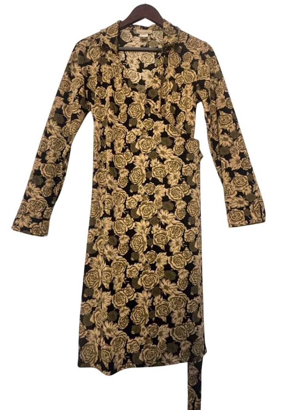 Susan Lawrence Black & Gold Floral Wrap Dress Long Sleeve Made In USA Size M - Picture 2 of 16